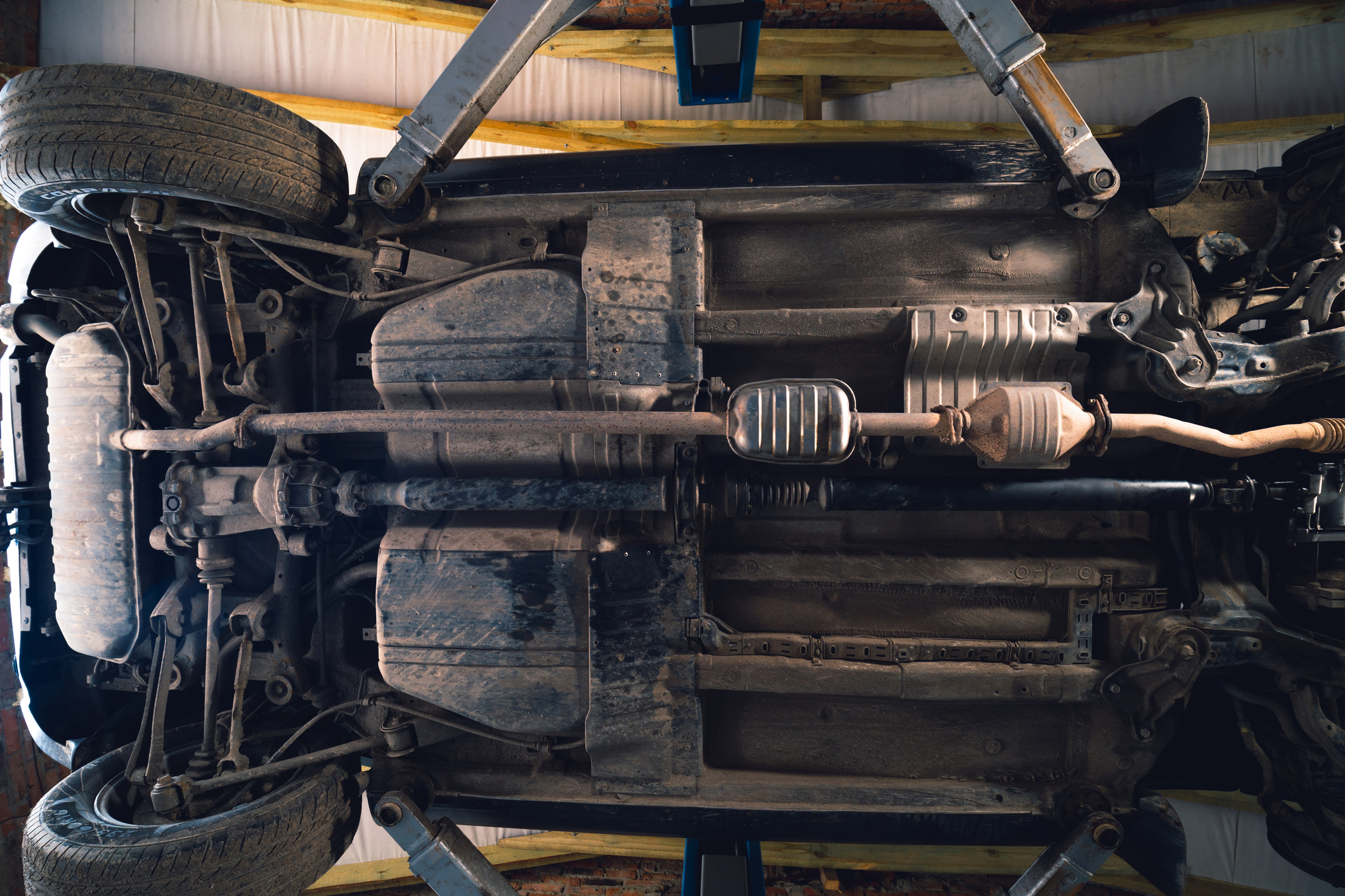 Underside of a lifted car